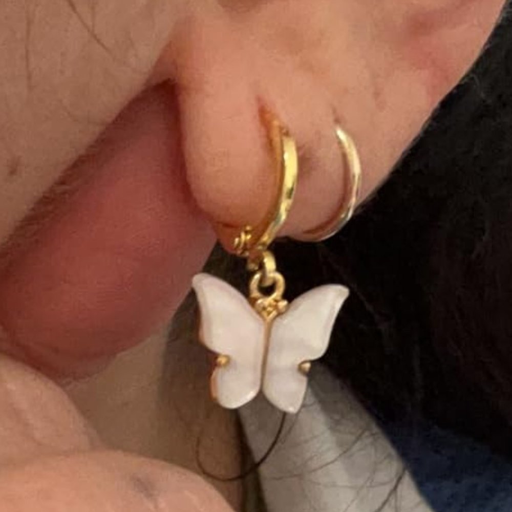 Neiman Marcus  Butterfly Gold Dangle 14K Gold Plated Hoop Earrings with Clover